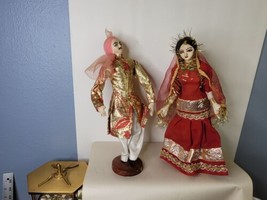Bride and Groom Dolls Hand Made Red and Gold Indian Costumes 13&quot; India - $29.70