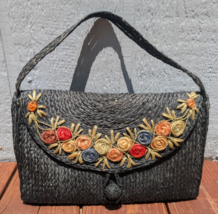 Black Floral Embroidered Straw Vintage Envelope Handba Boho Style Lined ... - $470.27 MXN