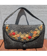 Black Floral Embroidered Straw Vintage Envelope Handba Boho Style Lined ... - $33.78 CAD