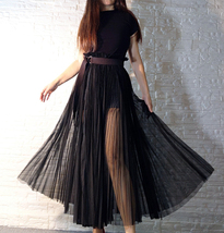 Black Pleated Long Tulle Skirt Outfit Women Plus Size Side Slit Tulle Skirt image 5