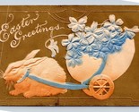 Fantasy Easter Greetings Bunny Exaggerated Egg Flower Cart Gilt DB  Post... - $5.89