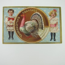 Thanksgiving Postcard Wild Turkey Boy Sailor Suit &amp; Girl Embossed Antique 1909 - £7.82 GBP