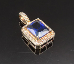 925 Sterling Silver - Vintage Emerald Cut Sapphire Drop Pendant - PT21141 - £26.24 GBP