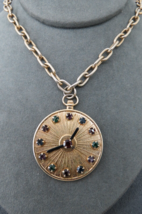Vintage Rhinestone Faux Clock Pendant Necklace Gold Tone Oval Link 16&quot; C... - $32.00
