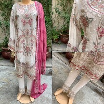 Pakistani Off White Straight Style Embroidered Sequins 3pcs Chiffon Dress,Small - £87.04 GBP