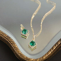 14ct Solid Gold Zirconia Classy Emerald Tile Charm Necklace -  14K Au585, chain - £176.70 GBP