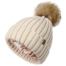 Womens Winter Beanie Hat Satin Lined Faux Fur Pom Pom Beanies Hat For Wo... - £23.48 GBP
