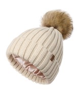 Womens Winter Beanie Hat Satin Lined Faux Fur Pom Pom Beanies Hat For Wo... - £23.94 GBP