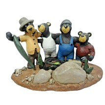 4 Bear Buddies Group Catch Fishing Stoneware Figurine Fish Basket Fisherman - $23.62