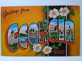 Greetings From Georgia Large Letter Linen Postcard Cherokee Rose Flower Kropp - $7.43