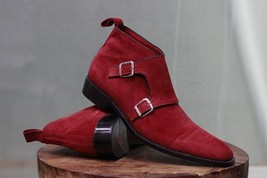 Men&#39;s New Handmade Leather Shoes Double Buckle Red Suede Leather Stylish  - $152.99