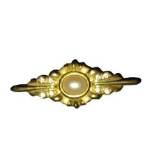 Vintage Gold Tone Rhinestone Faux Pearl Cabochon Bar Brooch Pin - $10.00