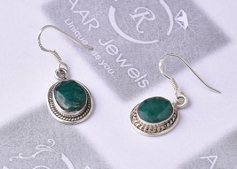 Sterling Silver Dangle Earrings Emerald Oval Shape Hand Crafted Women Party Wear - £24.51 GBP