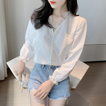 Le breasted fashion top feminine 2020 autumn new white lace v neck woman s blouses lace thumb200