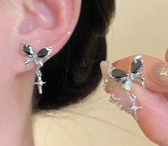 Black crystal butterfly star earrings for female niche design with a swe... - £15.56 GBP