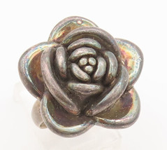 925 Sterling Silver Vintage Ring Solid 3D Cutout Petals Carved Rose Sz 7... - $37.71