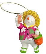 Vintage Snowman Ornament With Straw Hat &amp; Pink Floral Coat Christmas San... - $7.60