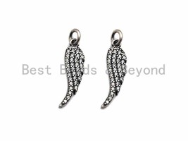 Rhidium CZ Micro Pave Angel Wing Pendant/Charm, Antique Silver Color Wing, - $3.90