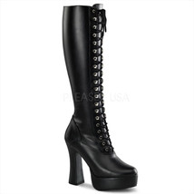 PLEASER Sexy Chunky 5&quot; Stack Heel Platform Lace Up Black Gogo Dancer Knee Boots - £66.95 GBP