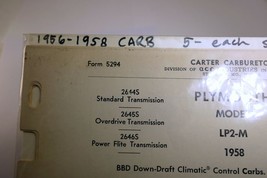 Plymouth 1958 Model LP2-M Carter Carburetor Identification Chart Sheet - £10.12 GBP