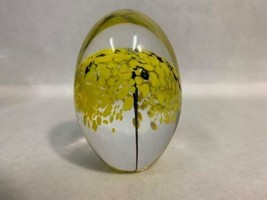 Daum France Crystal Egg Glass Egg Paperweight Yellow Black Art Glass Signed - $148.50