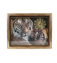 Vintage 90s Wood Glass Box Tiger Print Hanging Wall Clock Rectangle Brow... - £68.84 GBP