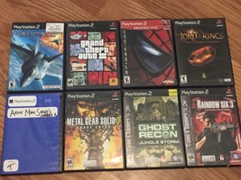 8 Playstation 2 Games Sarges Heroes 2 Metal Gear GTA Tom Clancy Spiderman Rings - $27.43