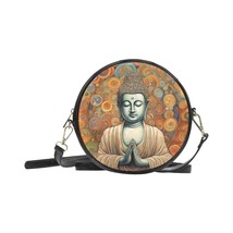 Round Sling Purse Art Nouveau Buddha 8 Inches Black PU Leather - £38.16 GBP
