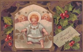 Baby Jesus Angels Stars Gold Holly Germany Christmas Postcard D46 - $2.99