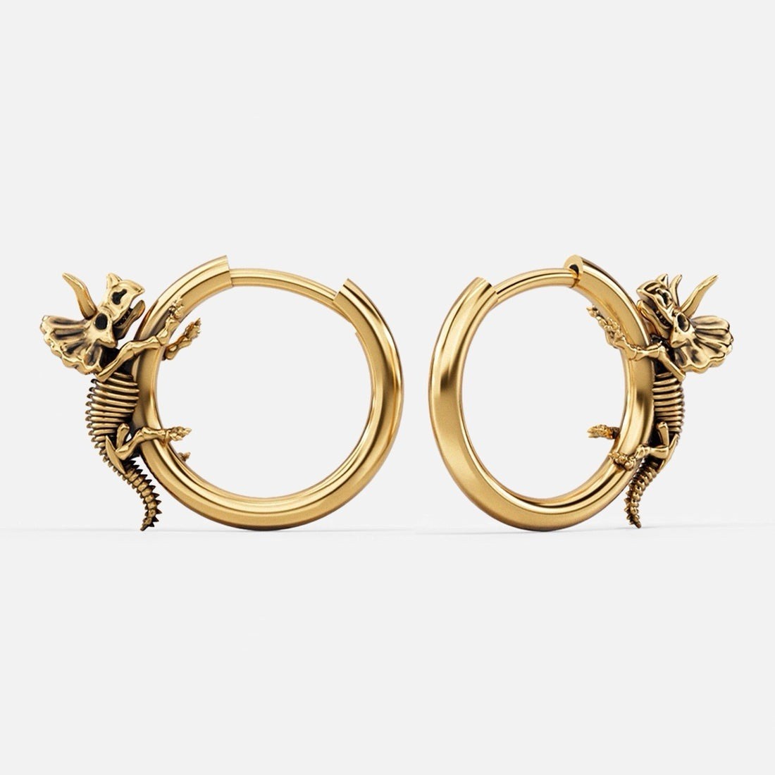 Punk Youth Gold Tone Dinosaur Skeleton Hoop Earrings 1.25 Inches New Grunge - $25.00