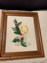 Vintage Angel with holly needlework framed wall art - $543.35 MXN