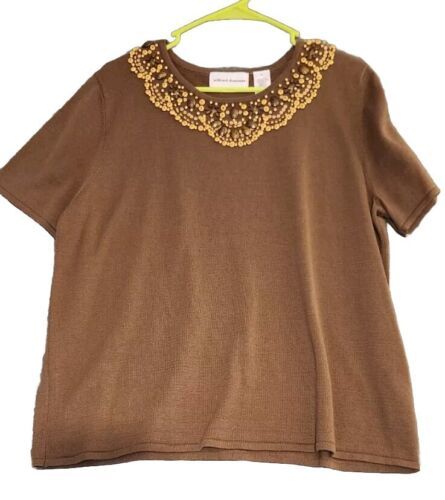Alfred Dunner Safari Chocolate Brown Wood Beads Embellishments Top Women... - $16.95