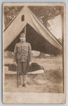 Marshall IL Attractive US Soldier Posing with Weapons Tent Scene Postcar... - $14.95