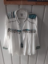 Chico’s Tassel Tie Open Jacket Coin Embellished Fringe Ivory Teal Chico&#39;... - £31.15 GBP