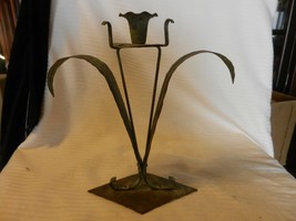 Hand Made Metal Tapered Candle Holder With Leaves Antique Green Patina - £39.82 GBP