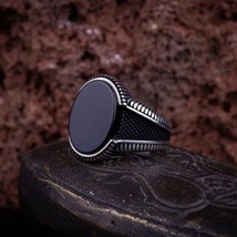 Oval Black Aqeeq Men Ring, Silver Handmade Jewelry, 925 Sterling Silver, For Men - £81.91 GBP