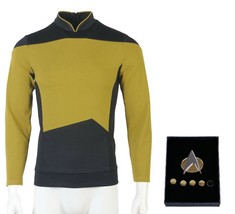 Star Trek TNG Cosplay Gold Costume Shirt Starfleet Commander Uniforms +Badge Set - £41.08 GBP+