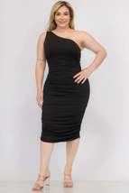 Plus Size Sexy Solid Color Ruched One Shoulder Midi Bodycon Dress - $18.50
