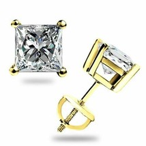 1.10Ct Princess Cut Solitaire Lab Stud Earrings Solid 14k W or Y Gold Screw back - £45.34 GBP