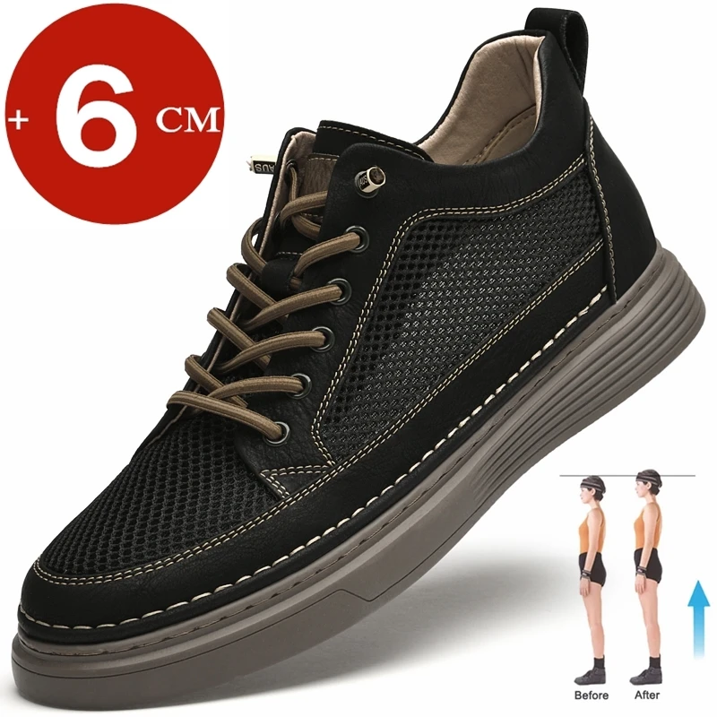 New Summer 6cm Men Elevator Shoes Casual Men Sneakers Cow Leather+mesh L... - £60.92 GBP