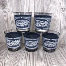 5 Vintage Currier &amp; Ives Royal China Old Fashioned Rocks Glasses Blue - £26.65 GBP