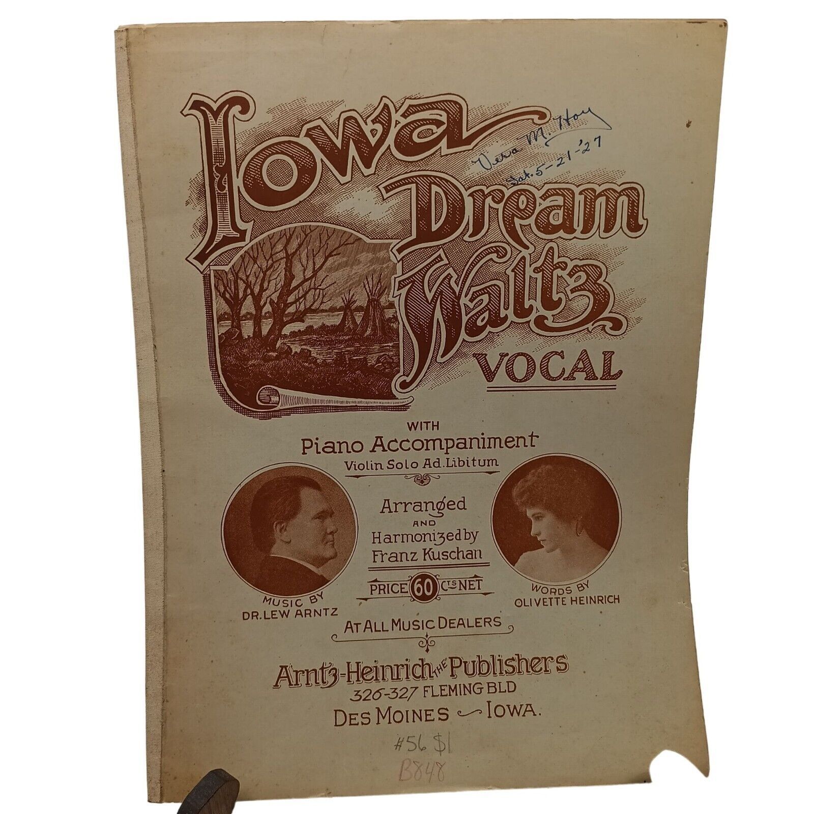 Primary image for Antique Sheet Music, Iowa Dream Waltz Vocal with Piano by Franz Kuschan Lew Arnt