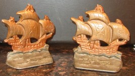 VINTAGE CAST IRON BRONZE BOOKENDS SET OF 2 SAILBOATS ON WAVES GALLEONS D... - £29.85 GBP