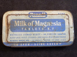 Vintage Slide Top Milk Of Magnesia Tin 3.25&quot; Long Rexall Antacid Box - £7.88 GBP