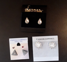 Womens Fashion Earrings Pierced Post Gems Tear Drop Triangle Round Party 4 Pair - £6.55 GBP