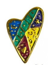 Abbey Press Brooch Signed Modernist Heart Multicolor Vintage 80&#39;s Gold Tone - $9.00