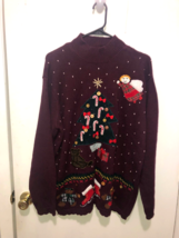 Karen Scott Hand Embroidered Ugly Christmas Sweater SZ XL Mock Neck Double Sided - £11.86 GBP