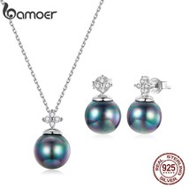 925 Sterling Silver Elegant Black Pearl Earrings Necklace Shell Pearl Necklace C - £30.33 GBP