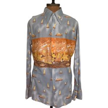 VTG GAMA CREATIONS Button Front Shirt 70s Steamboat Sailboats City Scene - £56.20 GBP