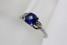 Fine 10K White Gold Blue Stone Ring with Diamond Accent Size 5.5 - £142.27 GBP